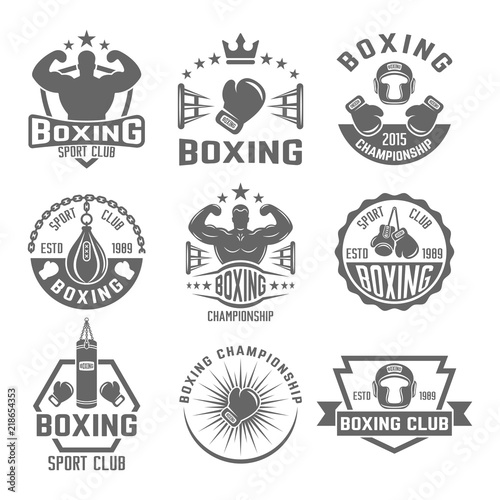 Boxing club set of black vector monochrome emblems