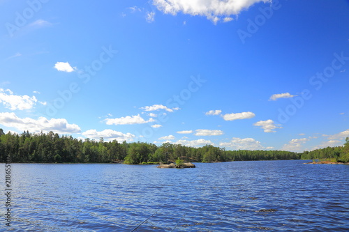 Fototapeta Naklejka Na Ścianę i Meble -  Gorgeous nature landscape view of lake with rocky coast line and green tall trees on blue sky background. Sweden, Europe. Beautiful backgrounds.