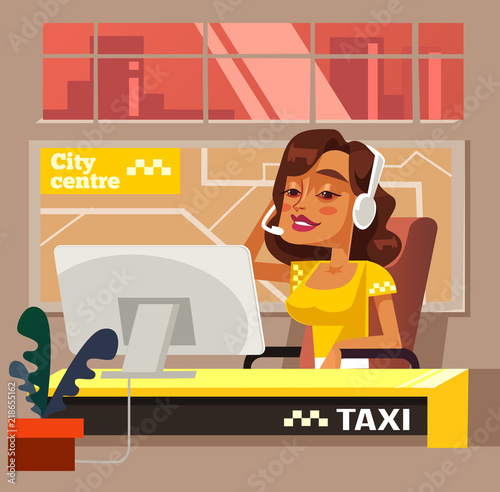 Taxi call center office woman character. Vector flat cartoon illustration