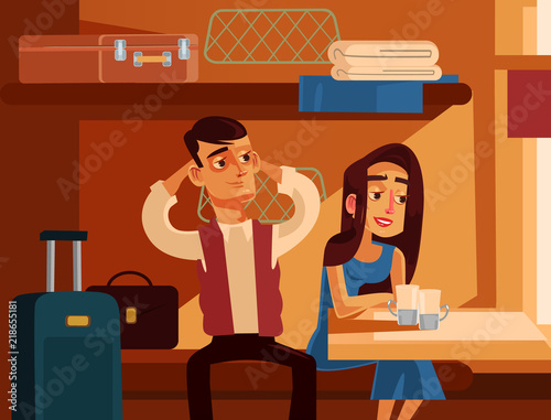 Couple man and woman characters traveling by train. Vector flat cartoon illustration