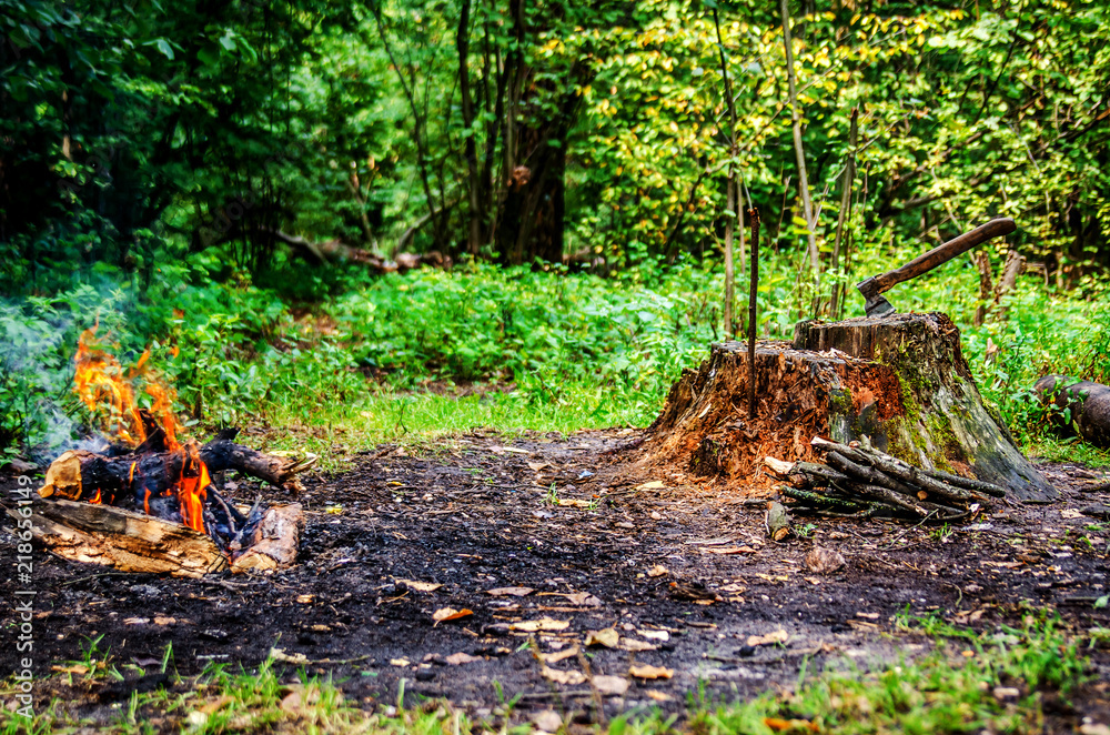 Obraz premium A bonfire in the woods more often. Nearby is a stump from an old tree with an ax sticking out of it. The stump is covered with firewood. 