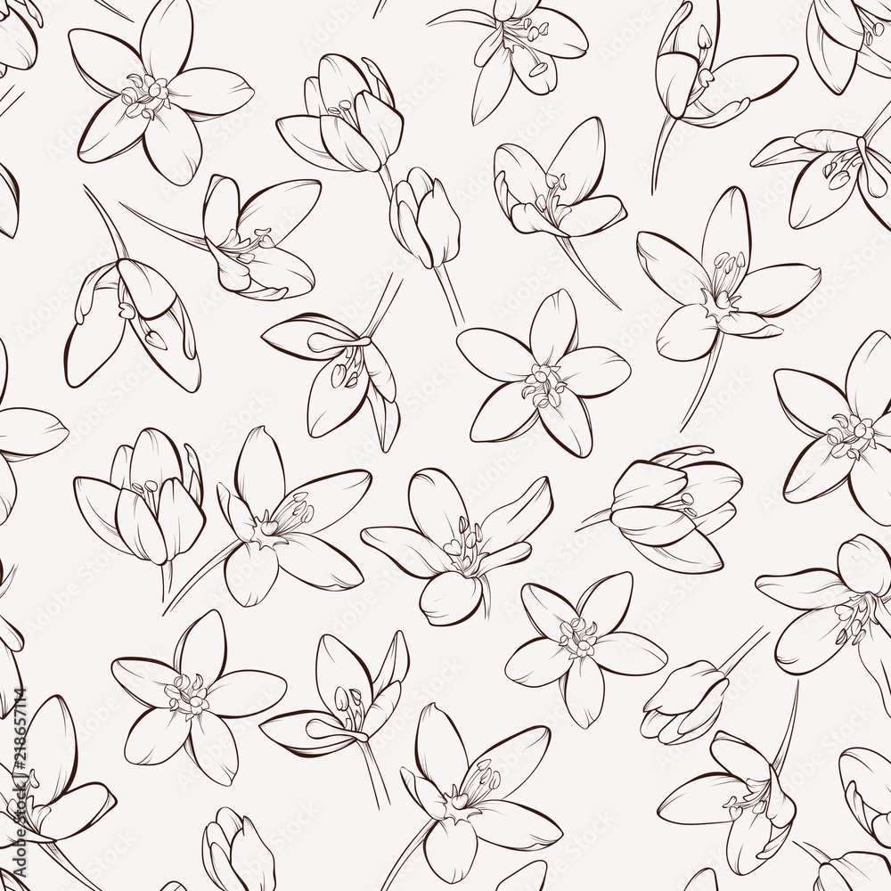 Vintage seamless pattern with hand-drawn blossom flowers. Hand-drawn contour lines and strokes.