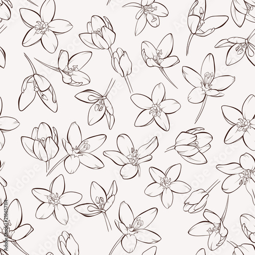 Vintage seamless pattern with hand-drawn blossom flowers. Hand-drawn contour lines and strokes.