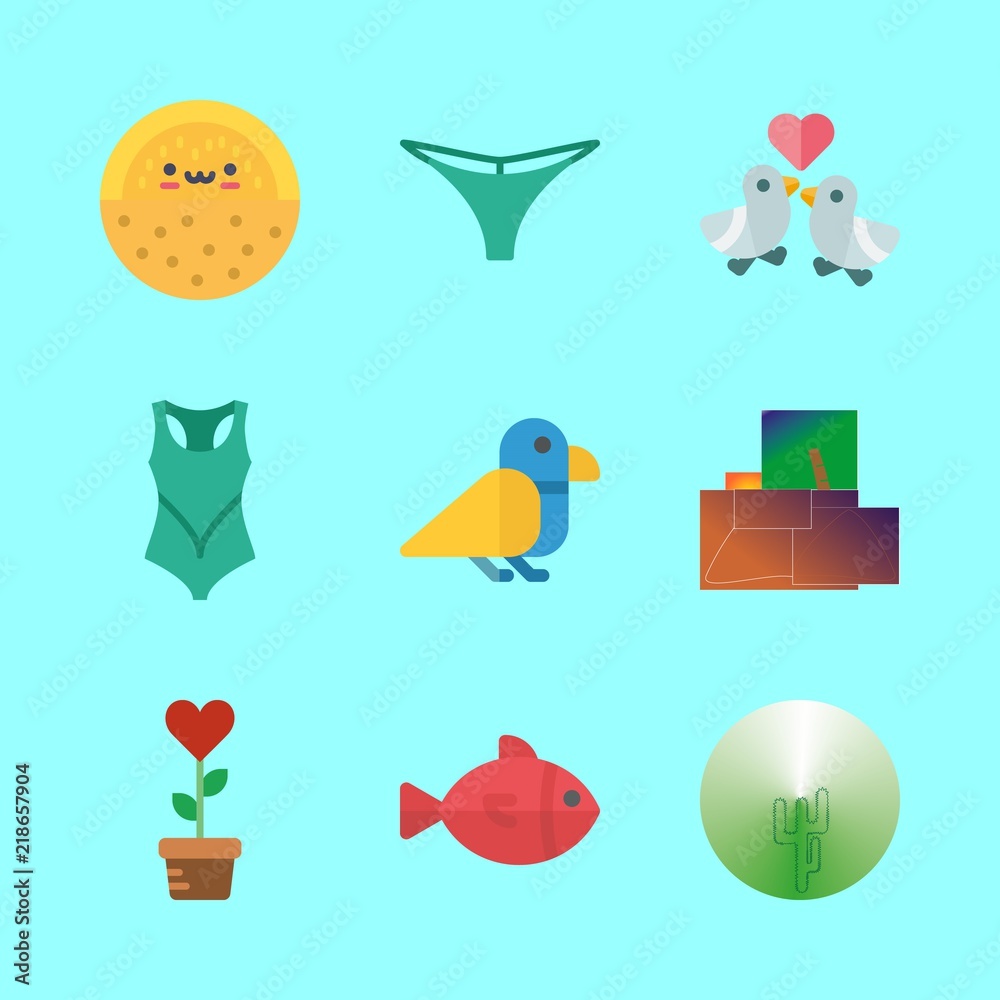 tropical vector icons set. bird, cactus, melon and fish in this set