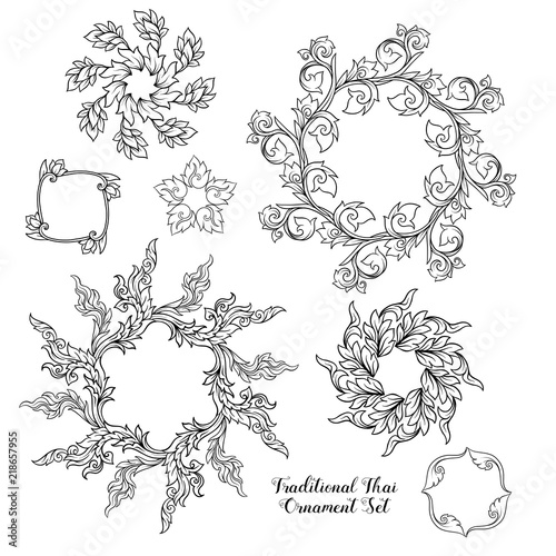 Set of outline decorative elements of traditional Thai ornament.