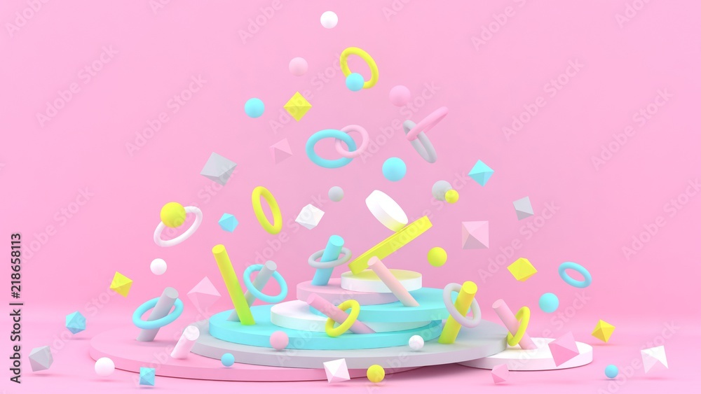 3d background. Abstract wallpaper. Shapes 3d. Flying geometric objects. Minimalism. Trendy modern illustration. Render. Stylish concept. Poster backdrop. Minimal style. Pastel colors.