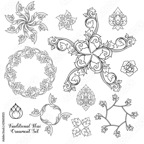 Set of outline decorative elements of traditional Thai ornament.