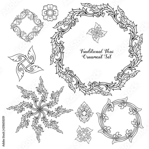 Set of outline decorative elements of traditional Thai ornament.