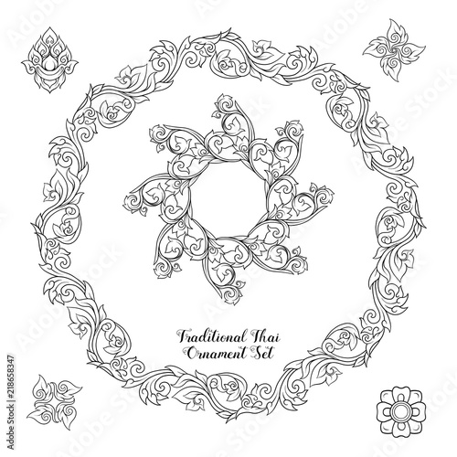 Set of outline decorative elements of traditional Thai ornament.