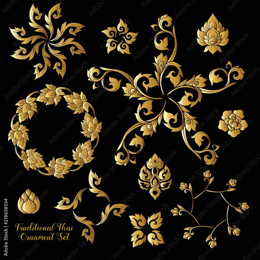 Set of gold decorative elements of traditional Thai ornament. 