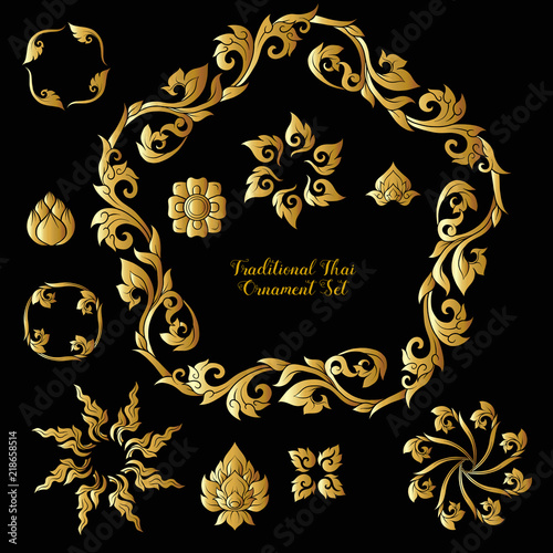 Set of gold decorative elements of traditional Thai ornament. 