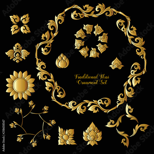 Set of gold decorative elements of traditional Thai ornament. 
