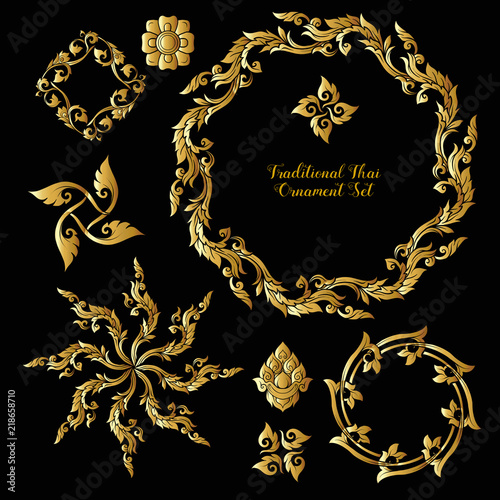 Set of gold decorative elements of traditional Thai ornament. 