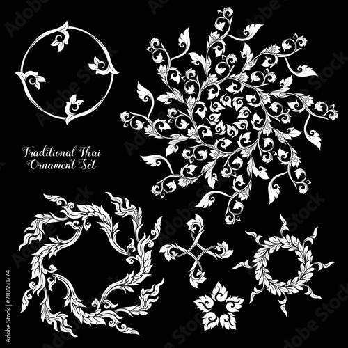 Set of decorative elements of traditional Thai ornament. 