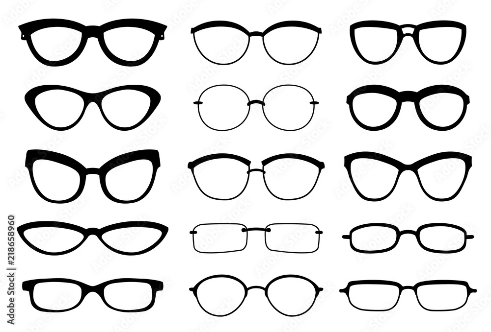 A set of glasses isolated. Vector glasses model icons. Sunglasses, glasses, isolated on white background. Silhouettes. Various shapes - stock illustration A set of glasses isolated. Vector glasses model icons. Sunglasses, glasses, isolated on white background. Silhouettes. Various shapes - stock illustration