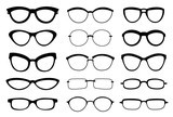 A set of glasses isolated. Vector glasses model icons. Sunglasses, glasses, isolated on white background. Silhouettes. Various shapes - stock illustration