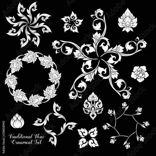 Set of decorative elements of traditional Thai ornament. 