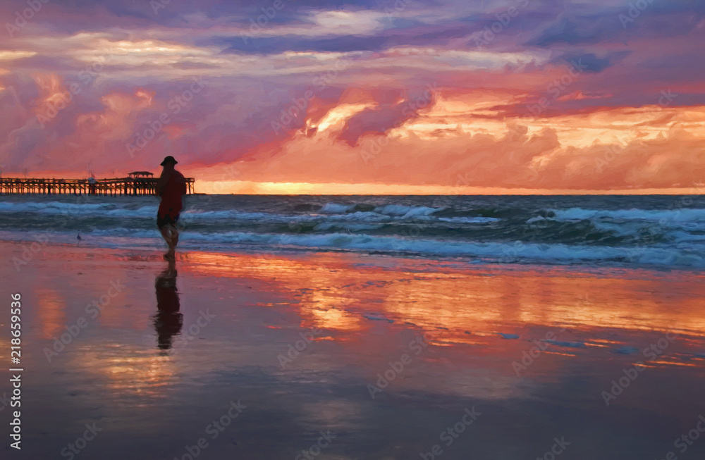 Silhouette of a Man Walking on the Beach during Sunrise