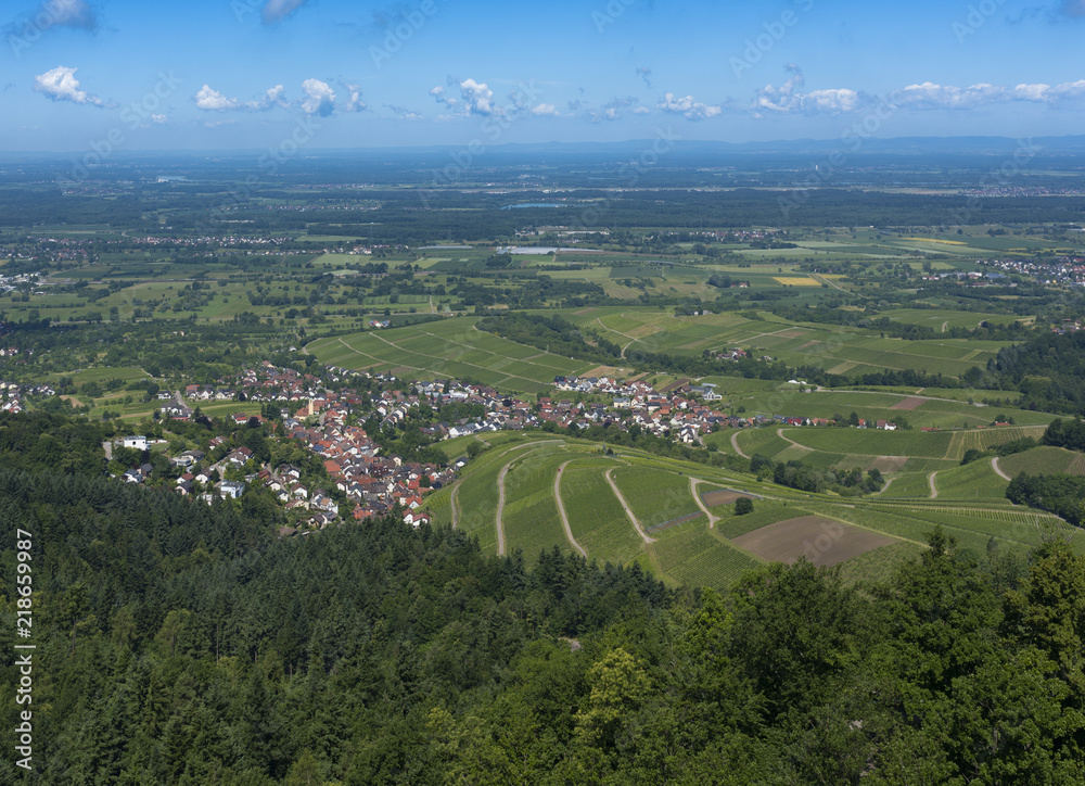 View over the Black Forest to the vineyards of the village Varnhalt near Baden Baden, Germany