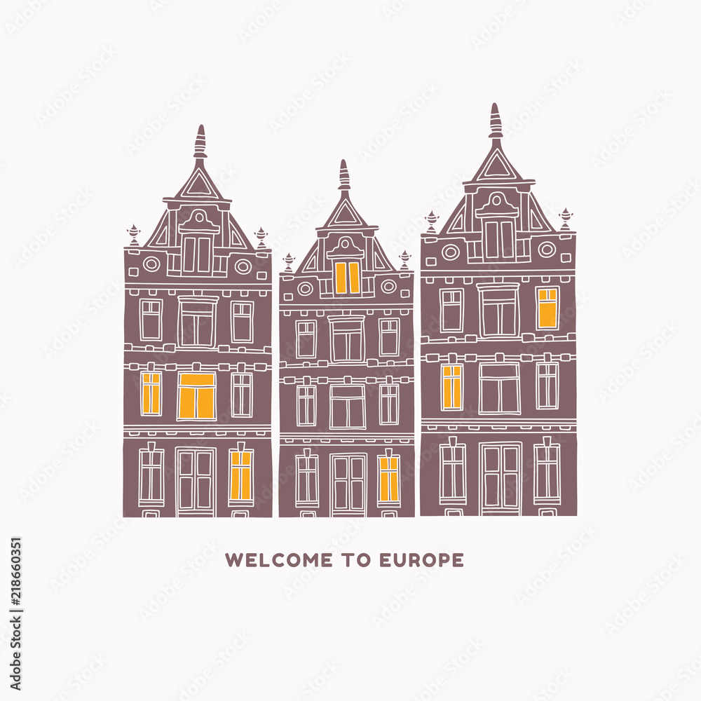 Hand drawn old houses. Architecture of Europe. Can be used for postcards and tourist booklets. Vector illustration.