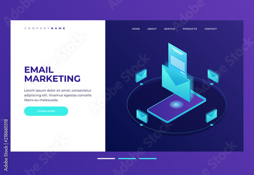 Header for website. Homepage. Concept of mobile email notification. Communication, distribution of information, sending of email. 3d isometric design. Vector illustration.