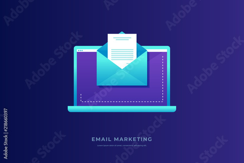 Email marketing concept. Laptop with envelope and open email on screen. Communication, information dissemination, sending email. Flat vector illustration.