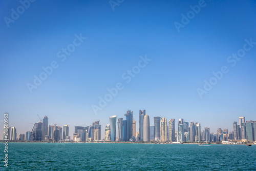 The skyline of Doha  Qatar  on a blue sky day  winter time  seen from the MIA Park
