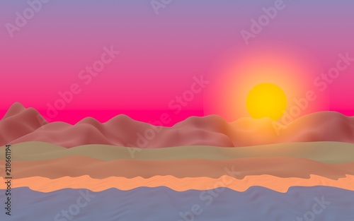 Sun Sea Beach. Sunset. Ocean shore line with waves on a beach. Island beach paradise with waves. Vacation  summer  relaxation. Seascape  seashore. Minimalist landscape  primitivism. 3D illustration