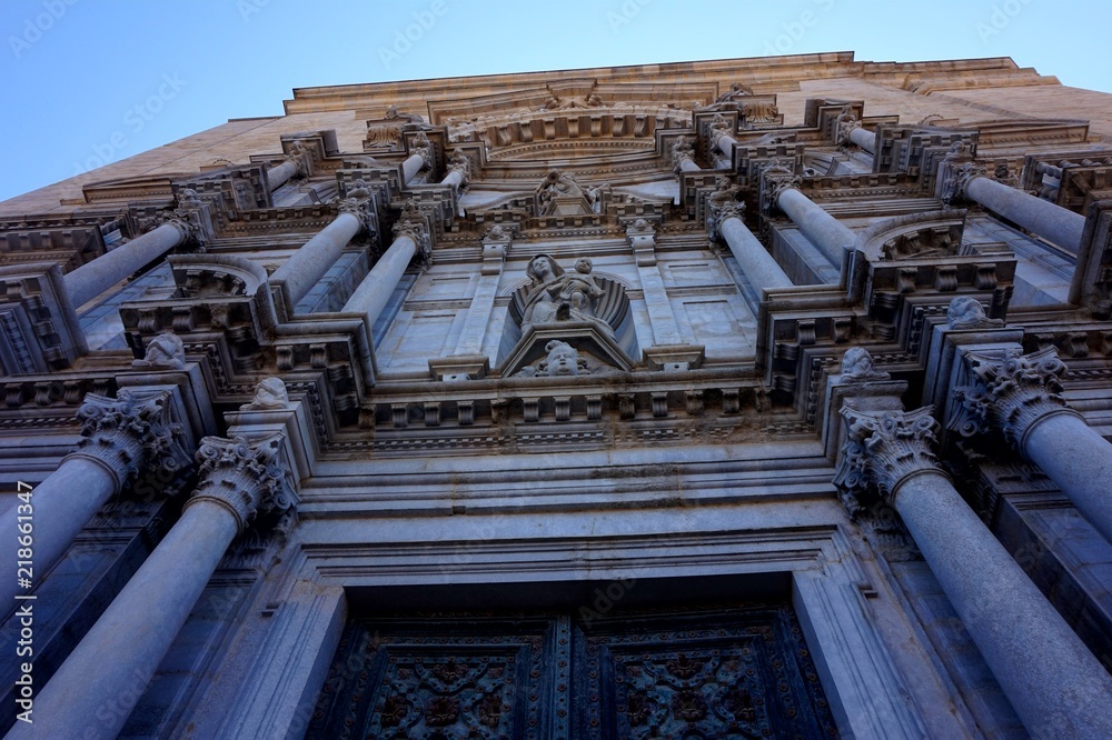 From below to the facade of the Cathedral Gothic Cathedral of Girona of the Virgin Mary.