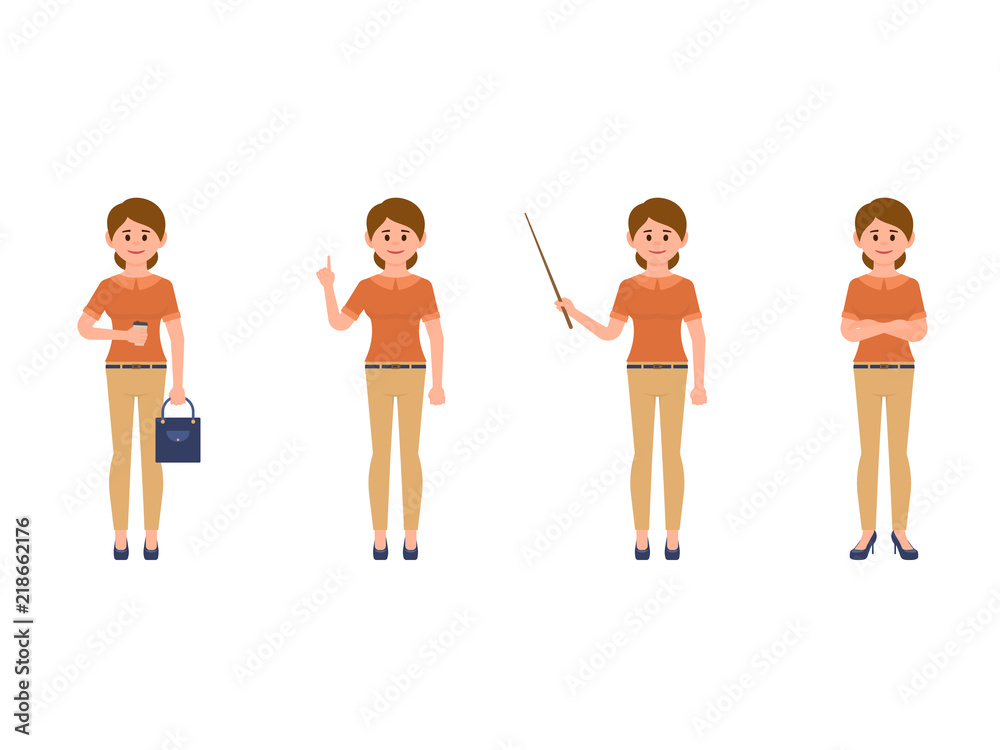 Friendly girl cartoon character. Casual look woman in different poses