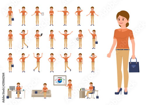 Business woman in casual office look cartoon character set. Office person in different poses