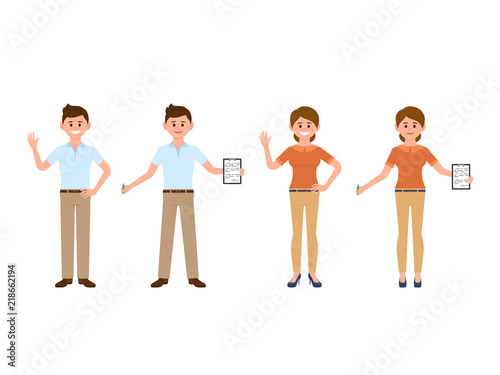 Young man and woman office workers waving hands and writing notes. Cartoon character coworkers in casual look