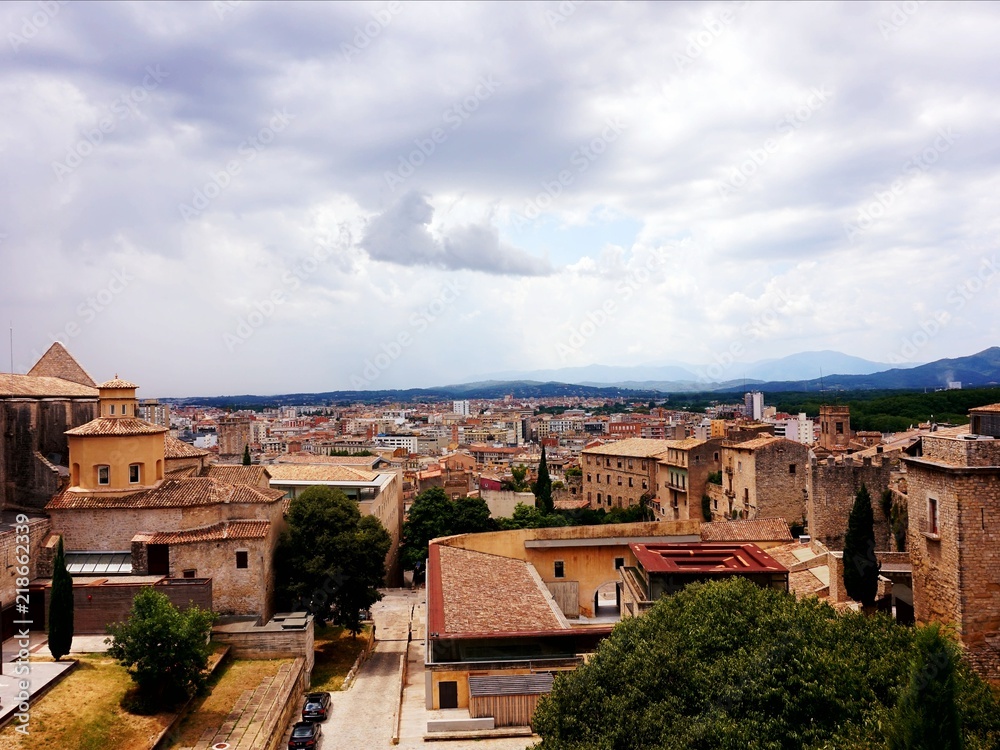 Panorama of the ancient Spanish city of Girona, opening from the walls of the fortress