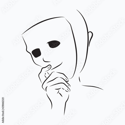 a person holding a mask isolated on white background. Vector Illustration. 