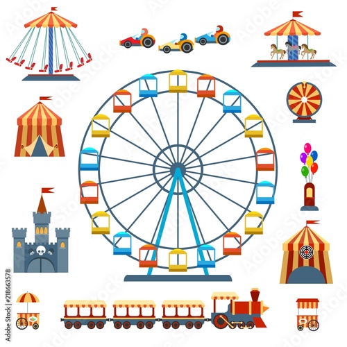 Amusement park isolated entertainments. Wheels rides and amusement ferry, carnival tent and kids recreation isolated on white, vector illustration