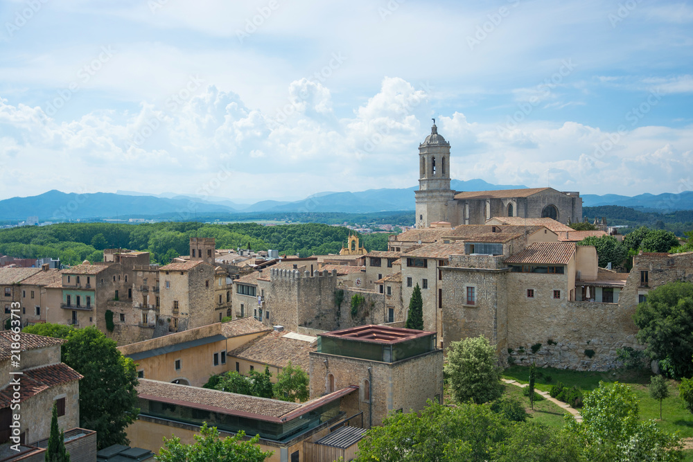 View of the landscape and the bell tower of the Cathedral of Girona, Spain