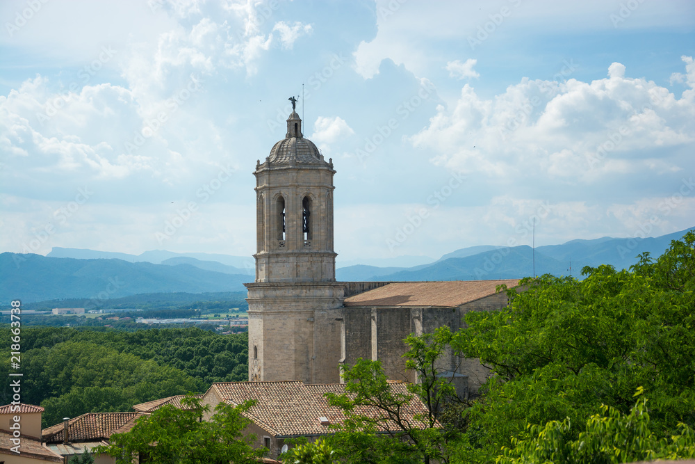 View of the landscape and the bell tower of the Cathedral of Girona, Spain