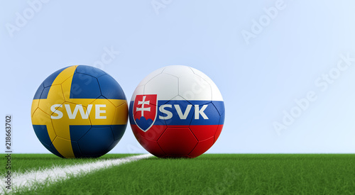 Sweden vs. Slovakia Soccer Match - Soccer balls in Sweden and Slovakia national colors on a soccer field. Copy space on the right side - 3D Rendering 