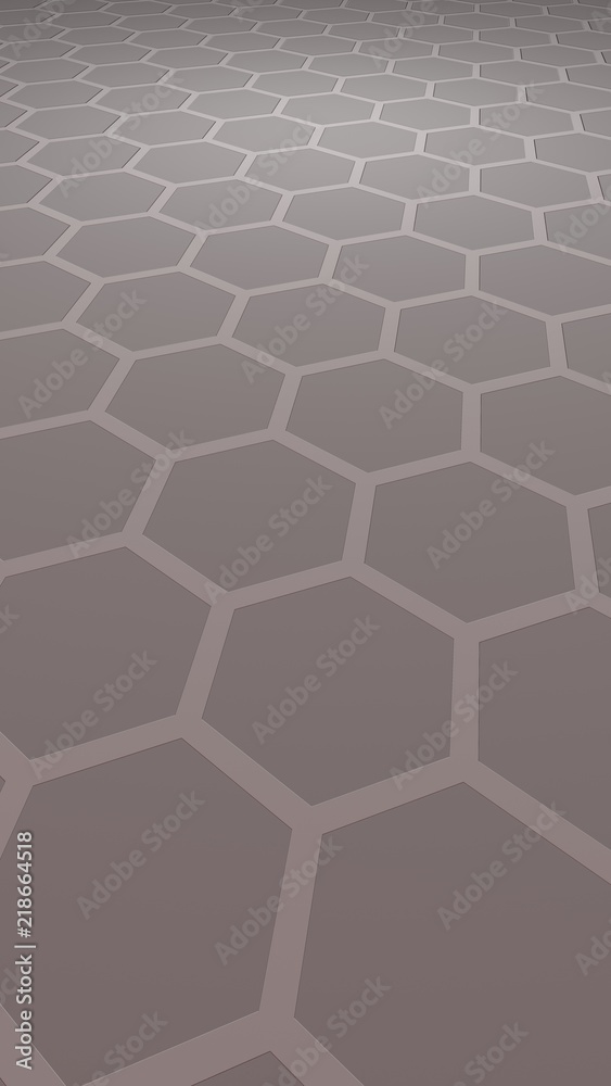 Honeycomb with color lighting, on a gray background. Perspective view on polygon look like honeycomb. Isometric geometry. Vertical image orientation. 3D illustration