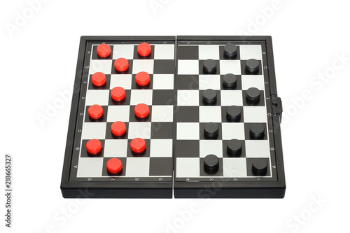 Checkers on the board isolated on white background