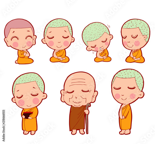 Buddhist monks sitting in meditation. Buddhist Monk Character, Buddhist Monk cartoon, Monk set, Child novice young adult and senior. Cute cartoon tibetan monks vector illustration
