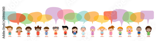 Cute kids with speech bubbles, Set of diverse Kids and Different nationalities with speech bubbles isolated on white background
