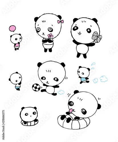 Fototapeta Naklejka Na Ścianę i Meble -  Cute Panda bear collection of hand drawn elements,Set of funny little panda ,Cartoon character of cute bamboo bear black and white icons,vector illustrations