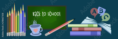 Back to school. Set pencils, books, board, letters and cup with heart.