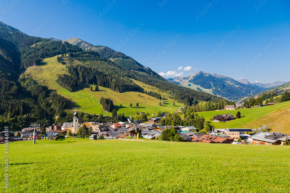 View over Saalbach village in summer, Austria, Alps