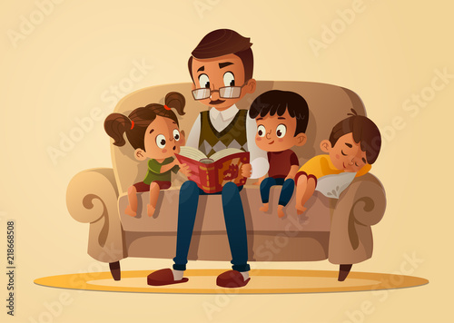 Grandfather sitting with grandchildren on a cozy sofa with the book, reading and telling book fairy tale story. Boys and girl listen to him. Vector cartoon illustration. Cozy family evening. Isolated