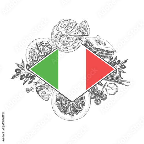 Background with Ink hand drawn products and dishes of Italian cuisine. food elements composition. Vector illustration.