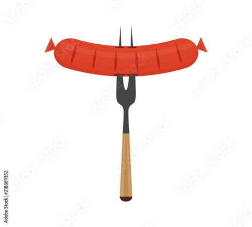 Oktoberfest sausage on fork vector grilled delicious kitchen concept menu. Hot tasty isolated graphic icon object. Summer party equipment picnic banner. Fried breakfast food. BBQ frankfurter