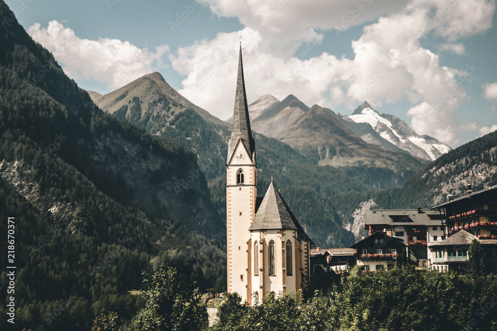 A view of Heiligenblut (church) and mountain Grossglockner