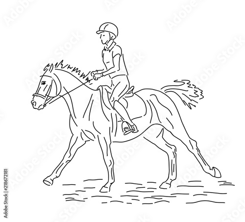 A sketch of a young rider cantering on a pony.